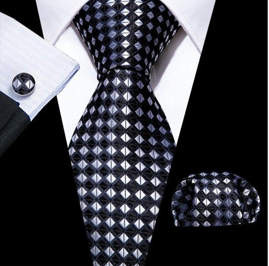 Black White Plaid Silk Tie Handkerchief Cufflinks Set - N - 6256 - SimonVon Shop