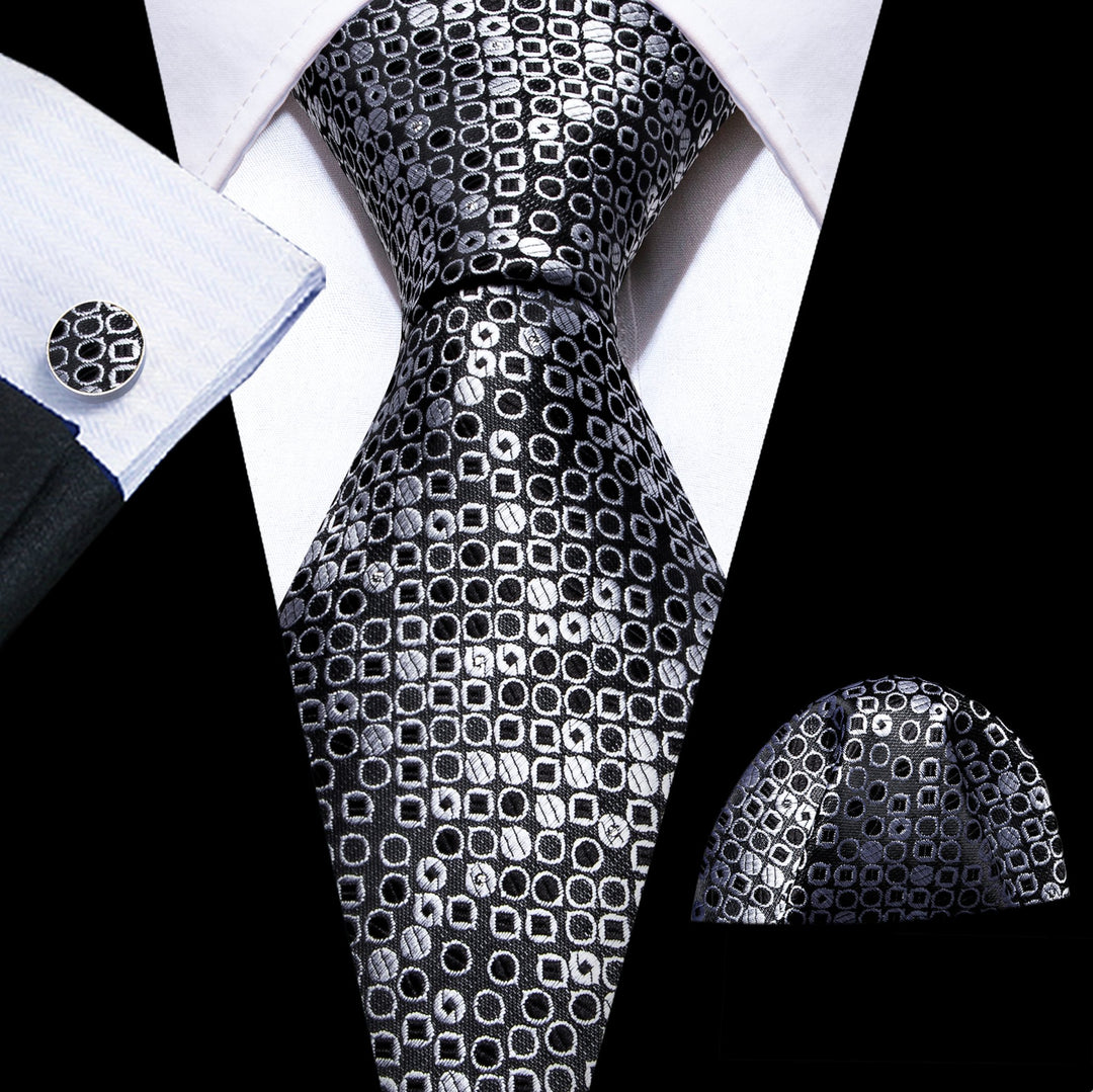 Black White Round Floral Silk Tie Handkerchief Cufflinks Set - N - 6103 - SimonVon Shop