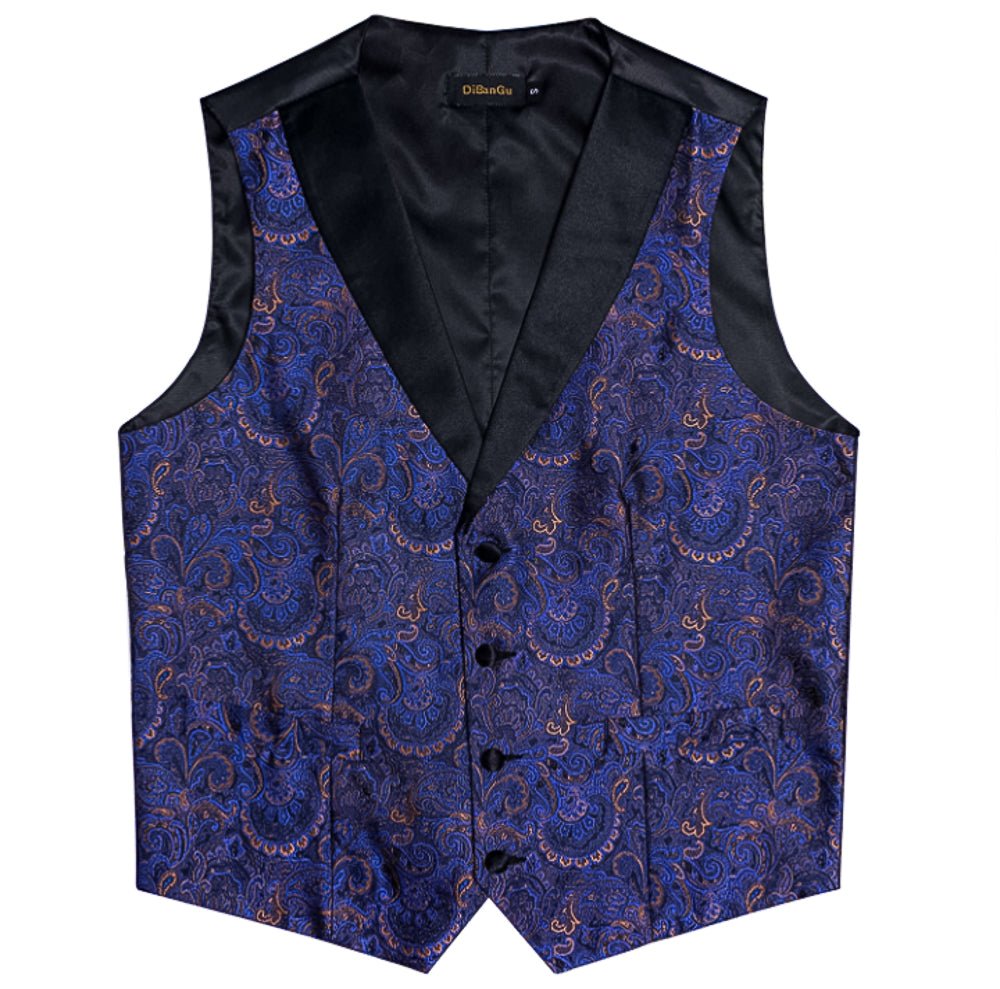 Blue and Gold Floral Silk Single Waistcoat Vest Only -NO TIE-MJ-0208 - SimonVon Shop