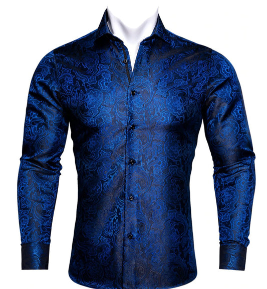 Blue Black Paisley Silk Shirt. CY - 0067 - SimonVon Shop