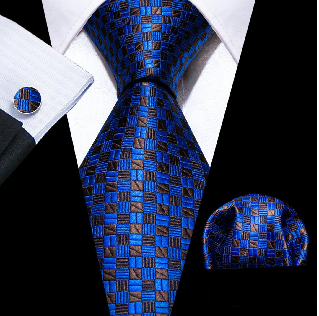Blue Brown Plaid Silk Tie Handkerchief Cufflinks Set - N - 6318 - SimonVon Shop