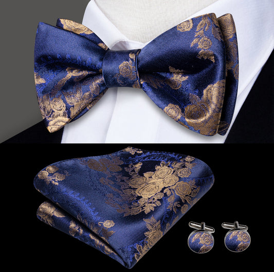 Blue Gold Paisley Self Bowtie Pocket Square Cufflinks Set - LH - 2114 - SimonVon Shop