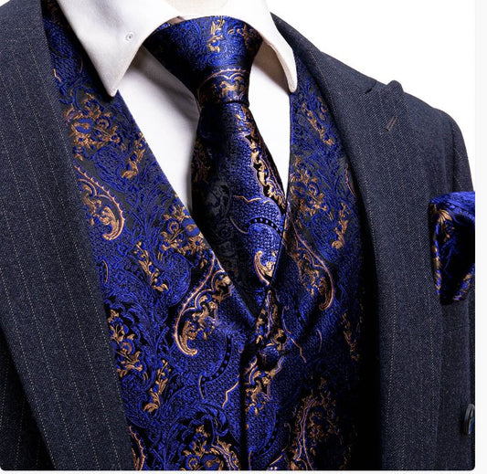 Blue Gold Paisley Silk Men's Vest Hanky Cufflinks Tie Set Waistcoat Suit Set - MJ - 2569 - SimonVon Shop