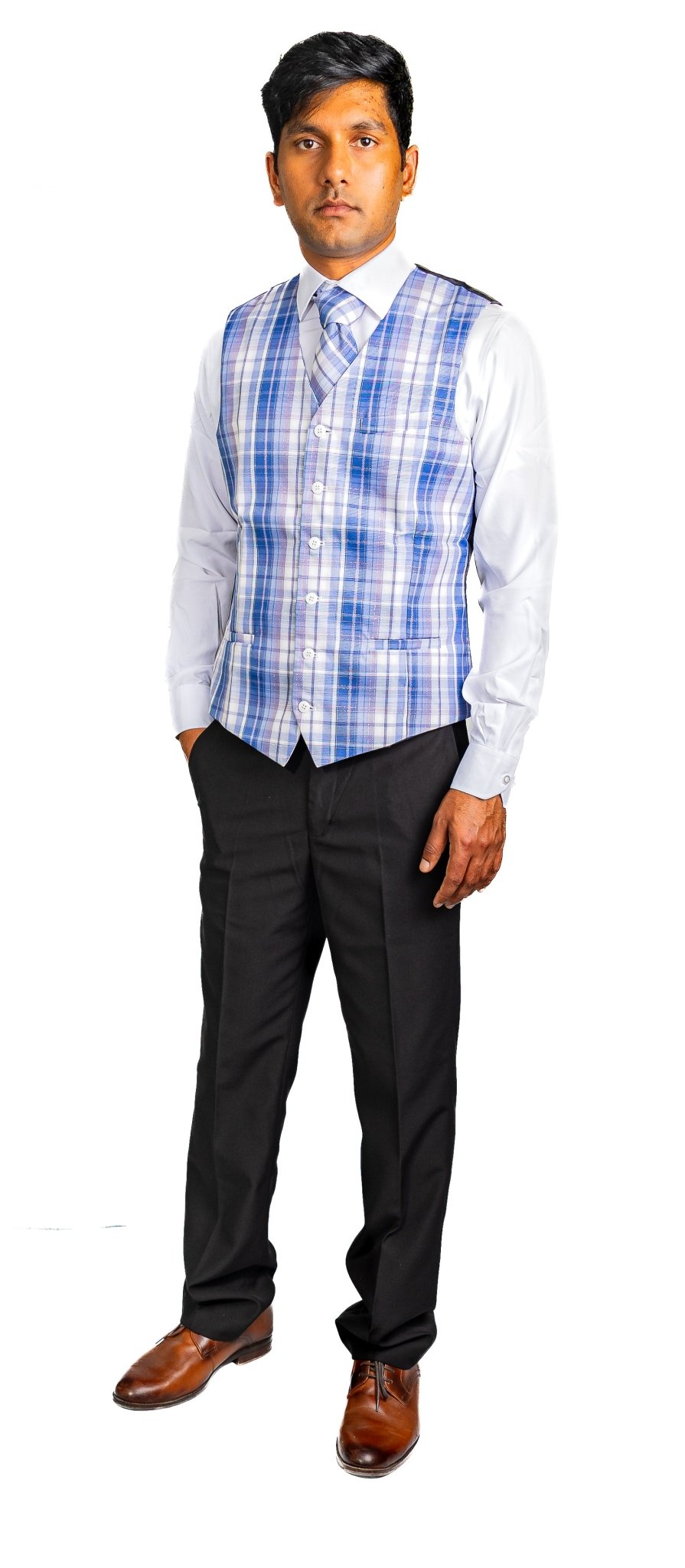 Blue Gray Plaid Mens Waistcoat Wool Blend Tailored Collar/V-neck 3 Pocket Check Vest MJ-2325 - SimonVon Shop
