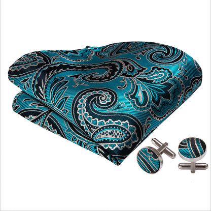 Blue Grey Paisley Bowtie Pocket Square Cufflinks Set - LH - 0916 - SimonVon Shop