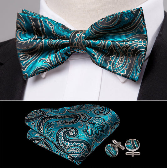 Blue Grey Paisley Bowtie Pocket Square Cufflinks Set - LH - 0916 - SimonVon Shop