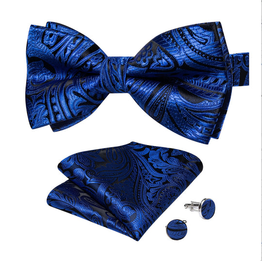 Blue Paisley Pre - tied Bow Tie Hanky Cufflinks Set - LH - 0171 - SimonVon Shop