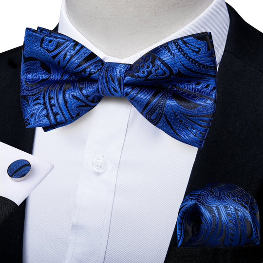 Blue Paisley Pre - tied Bow Tie Hanky Cufflinks Set - LH - 0171 - SimonVon Shop