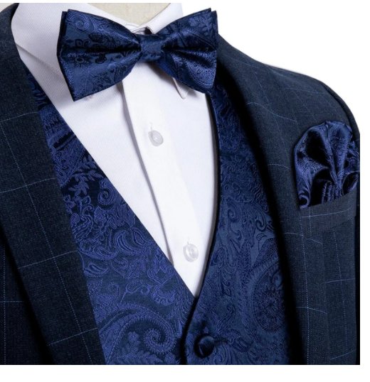 Blue Paisley Waistcoat and Bowtie Pocket Square Cufflink Vest Set - MJ - 0120 - SimonVon Shop