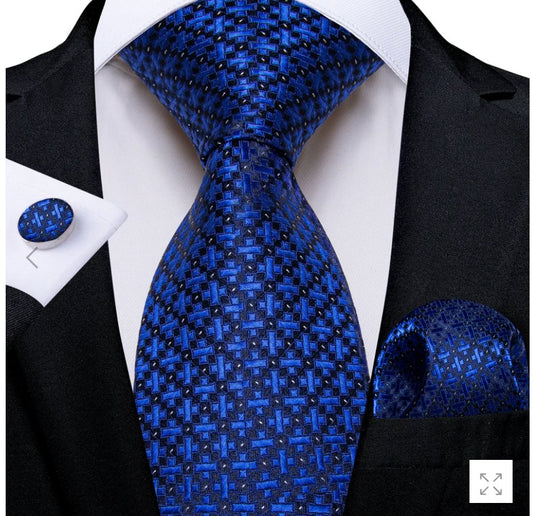 Blue Plaid Men's Tie Pocket Square Cufflinks Set - N - 5461 - SimonVon Shop