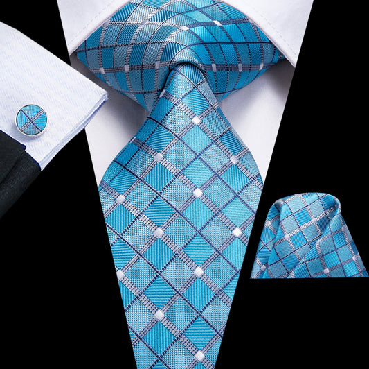 Blue Plaid Mens's Tie Pocket Square Cufflinks Set - N - 3119 - SimonVon Shop