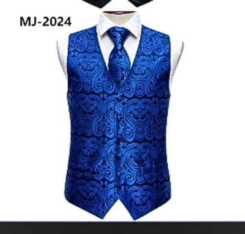 Blue Silk Waistcoat Vest Handkerchief Cufflinks Tie Set - Mj - 2024 - SimonVon Shop