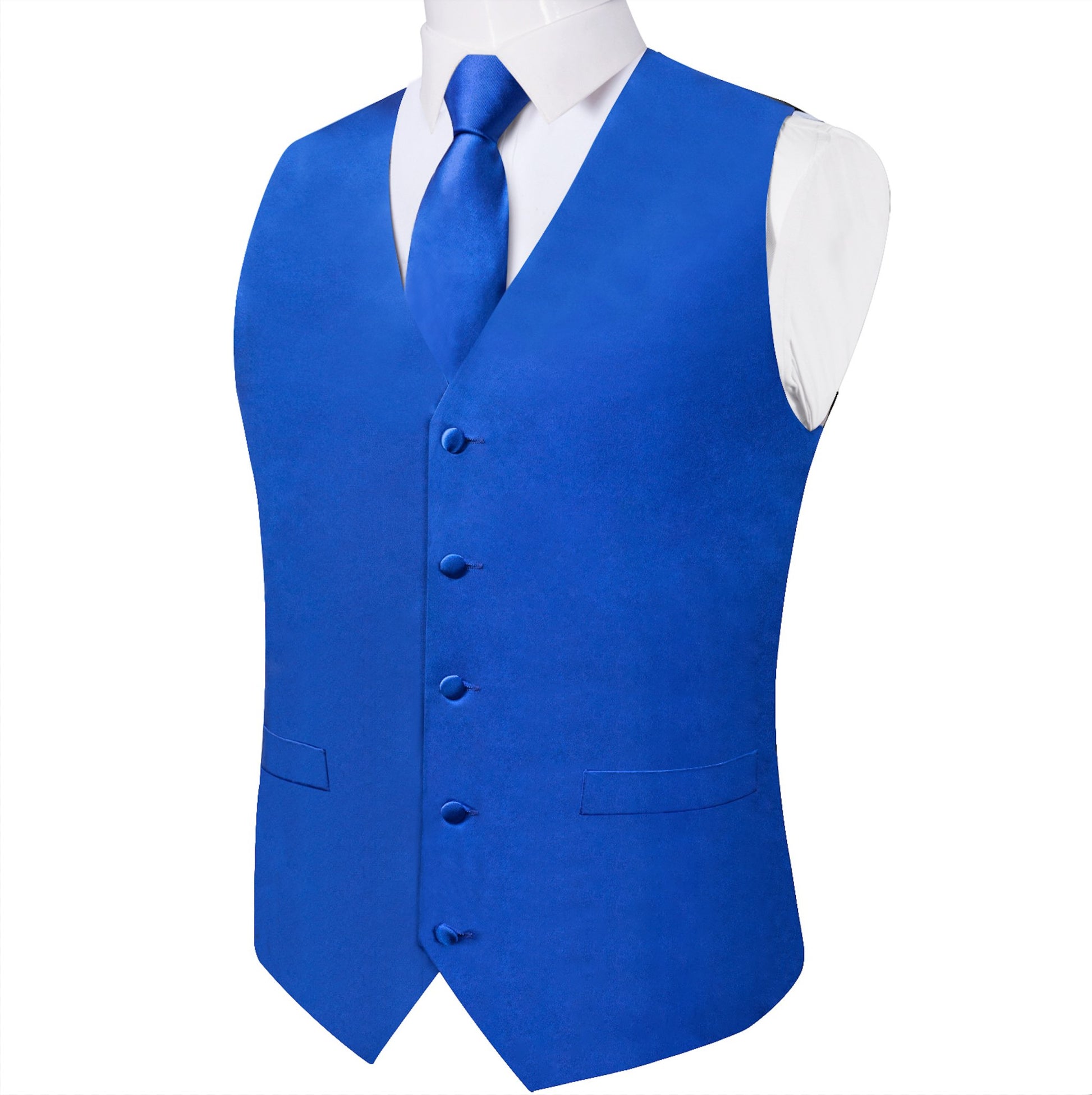 BLUE SOLID SATIN WAISTCOAT VEST TIE HANDKERCHIEF CUFFLINKS SET - MD - 0315 - SimonVon Shop