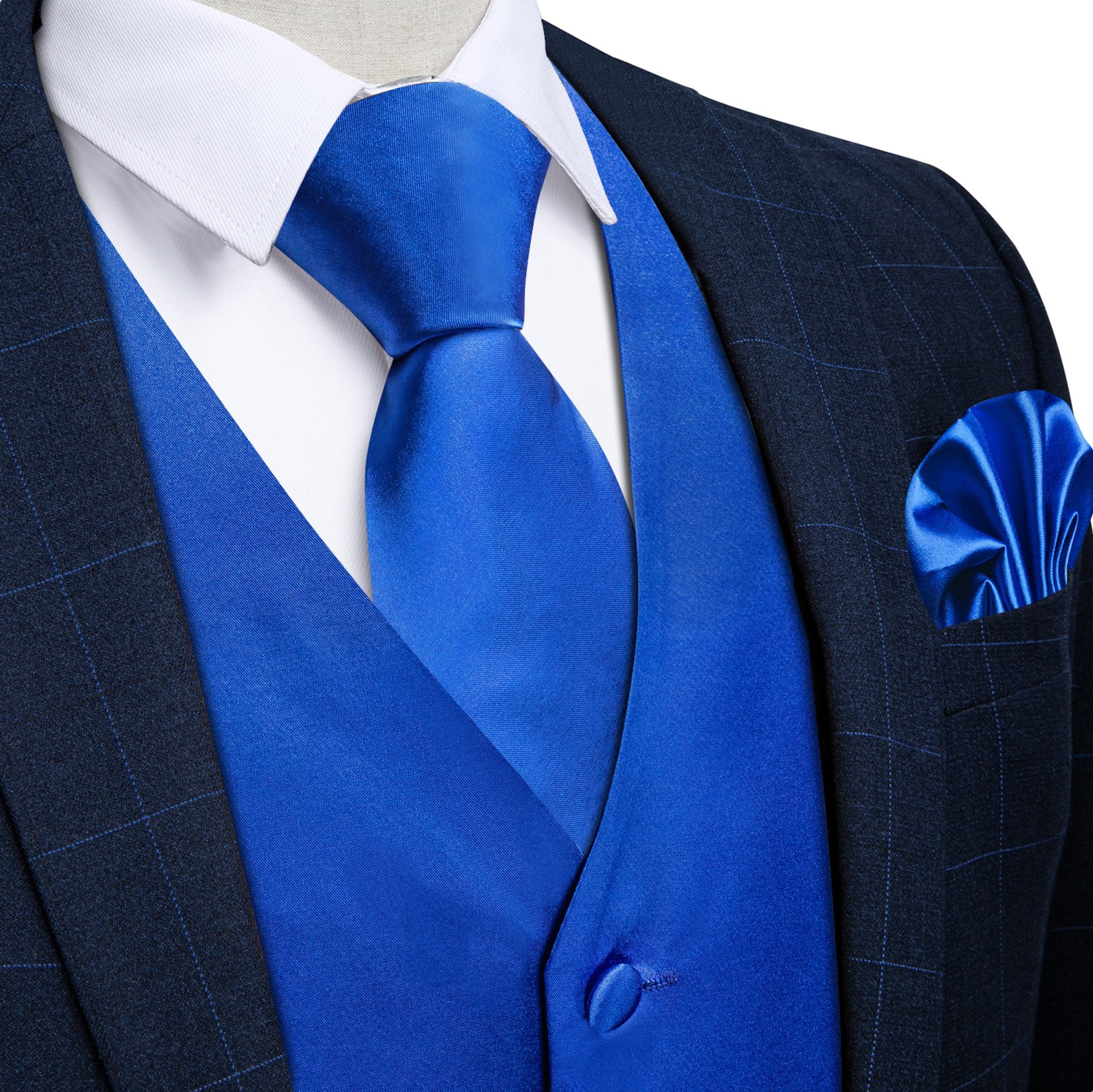 BLUE SOLID SATIN WAISTCOAT VEST TIE HANDKERCHIEF CUFFLINKS SET- MD-0315 - SimonVon Shop