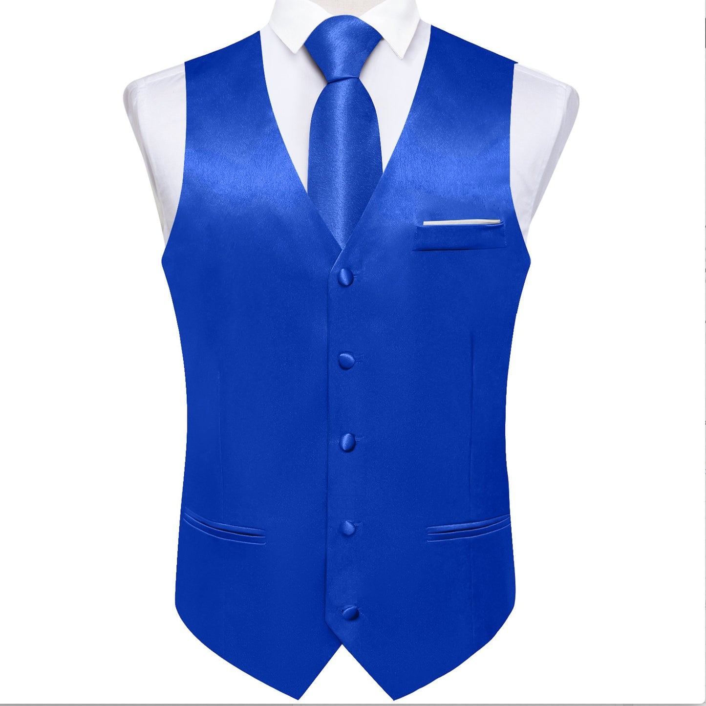 Blue Solid Satin Waistcoat Vest Tie Handkerchief Cufflinks Set - MJ - 0642 - SimonVon Shop