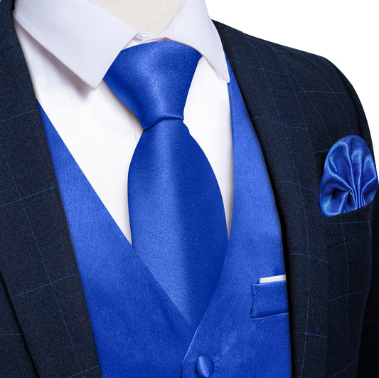 Blue Solid Satin Waistcoat Vest Tie Handkerchief Cufflinks Set - MJ - 0642 - SimonVon Shop