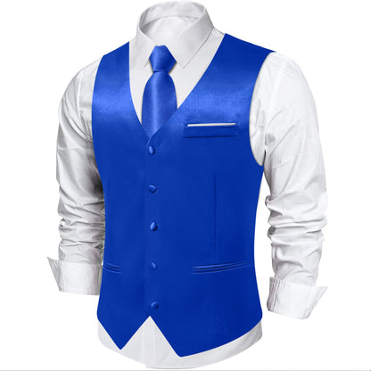 Blue Solid Satin Waistcoat Vest Tie Handkerchief Cufflinks Set - MJ - 0642 - SimonVon Shop