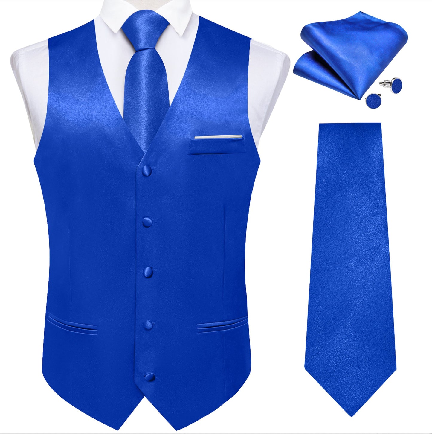 Blue Solid Satin Waistcoat Vest Tie Handkerchief Cufflinks Set - MJ - 0642 - SimonVon Shop