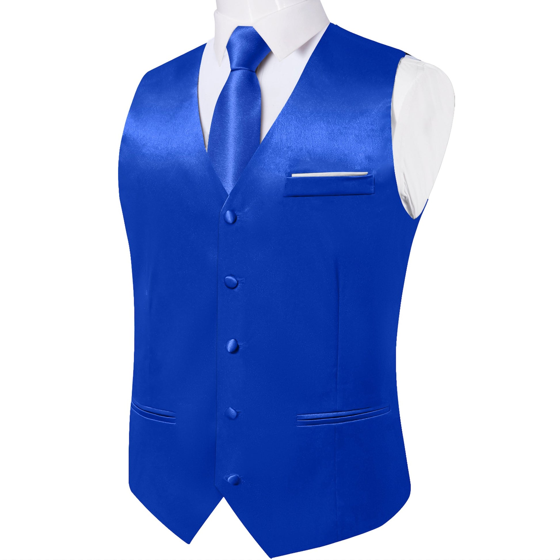 Blue Solid Satin Waistcoat Vest Tie Handkerchief Cufflinks Set - MJ - 0642 - SimonVon Shop