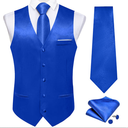 Blue Solid Satin Waistcoat Vest Tie Handkerchief Cufflinks Set - MJ - 0642 - SimonVon Shop