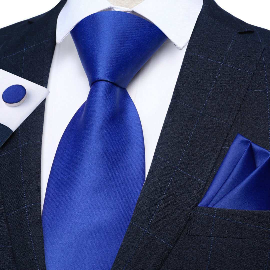 Blue Solid Tie Pocket Square Cufflinks Set - N - 7820 - SimonVon Shop