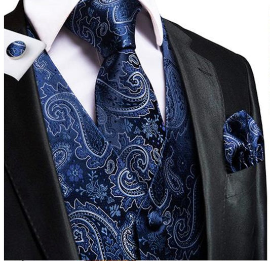 Blue White 4 PC Paisley Waistcoat and Necktie Pocket Square Cufflink Vest Set - MJ - 0020 - SimonVon Shop