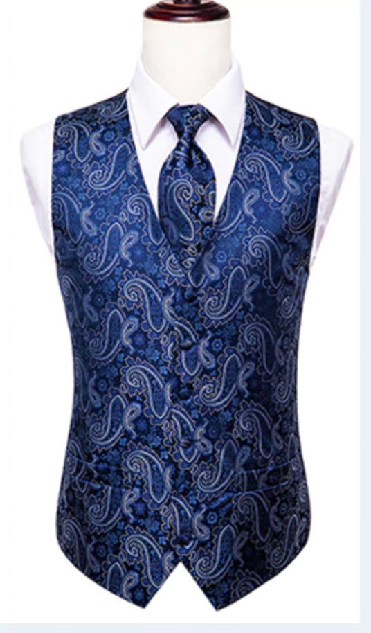 Blue White 4 PC Paisley Waistcoat and Necktie Pocket Square Cufflink Vest Set - MJ - 0020 - SimonVon Shop