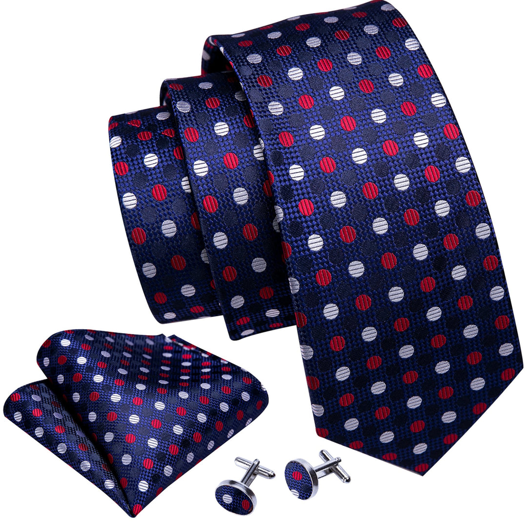 Blue White Red polka Dot Silk Tie Handkerchief Cufflinks Set - N - 5284 - SimonVon Shop