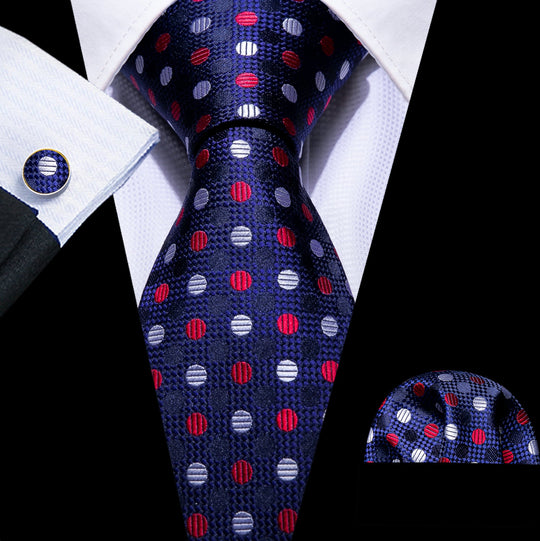 Blue White Red polka Dot Silk Tie Handkerchief Cufflinks Set - N - 5284 - SimonVon Shop