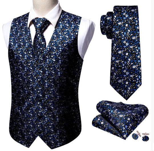 Blue White Small Flower Floral Silk V Neck Vest Tie Pocket Square Cufflinks Set - MJ - 2568 - SimonVon Shop