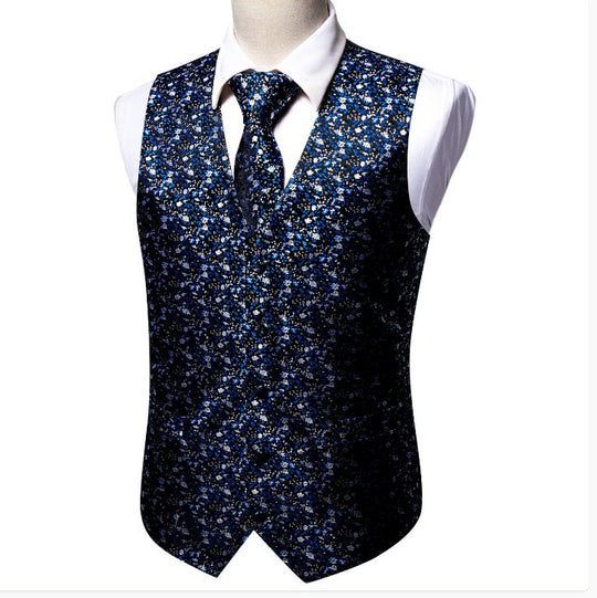 Blue White Small Flower Floral Silk V Neck Vest Tie Pocket Square Cufflinks Set - MJ - 2568 - SimonVon Shop