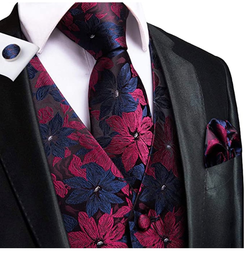 Blue/Red Floral Waistcoat Vest Necktie Pocket Square Cufflinks Set-MJ-0022 - SimonVon Shop