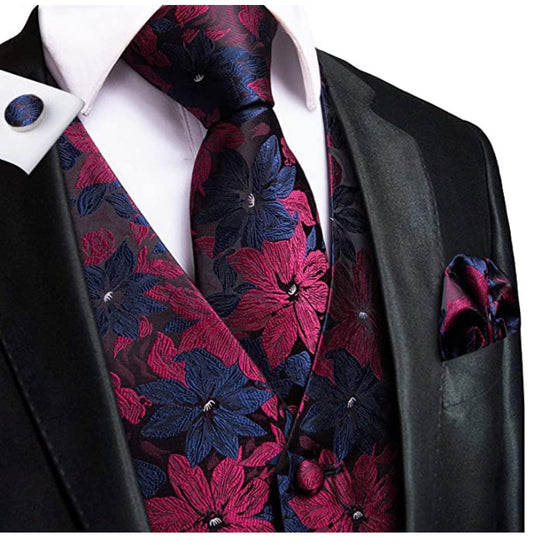 Blue/Red Floral Waistcoat Vest Necktie Pocket Square Cufflinks Set - MJ - 0022 - SimonVon Shop