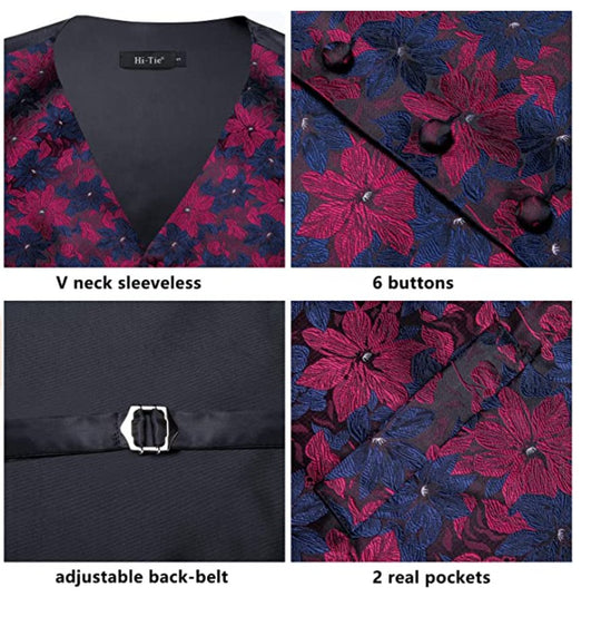 Blue/Red Floral Waistcoat Vest Necktie Pocket Square Cufflinks Set - MJ - 0022 - SimonVon Shop