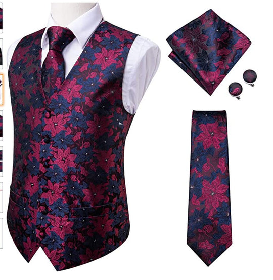 Blue/Red Floral Waistcoat Vest Necktie Pocket Square Cufflinks Set - MJ - 0022 - SimonVon Shop