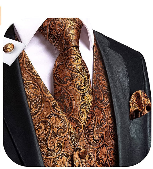 Brown and Black Paisley Waistcoat and Necktie Pocket Square Cufflink Vest Set - MJ - 0019 - SimonVon Shop