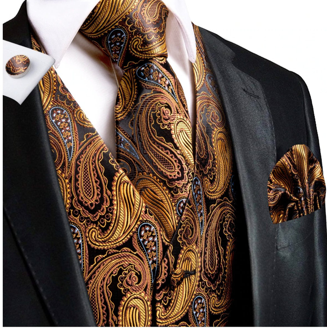 Brown Golden 4 PC Paisley Silk Waistcoat and Necktie Pocket Square Cufflink Vest Set - MJ - 0030 - SimonVon Shop