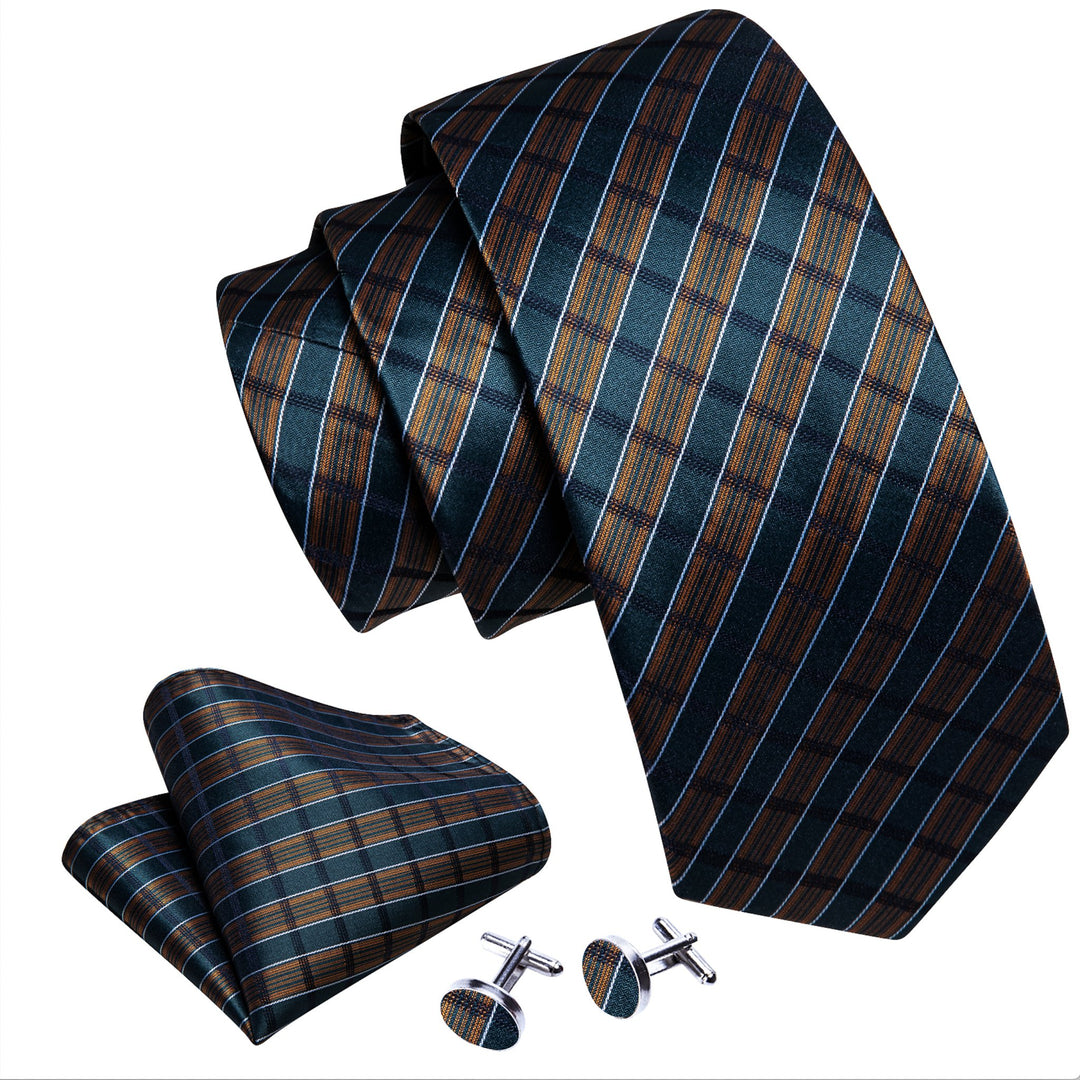 Brown Green Striped Men's Tie Pocket Square Cufflinks Set - N - 5737 - SimonVon Shop