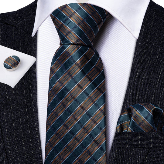 Brown Green Striped Men's Tie Pocket Square Cufflinks Set - N - 5737 - SimonVon Shop