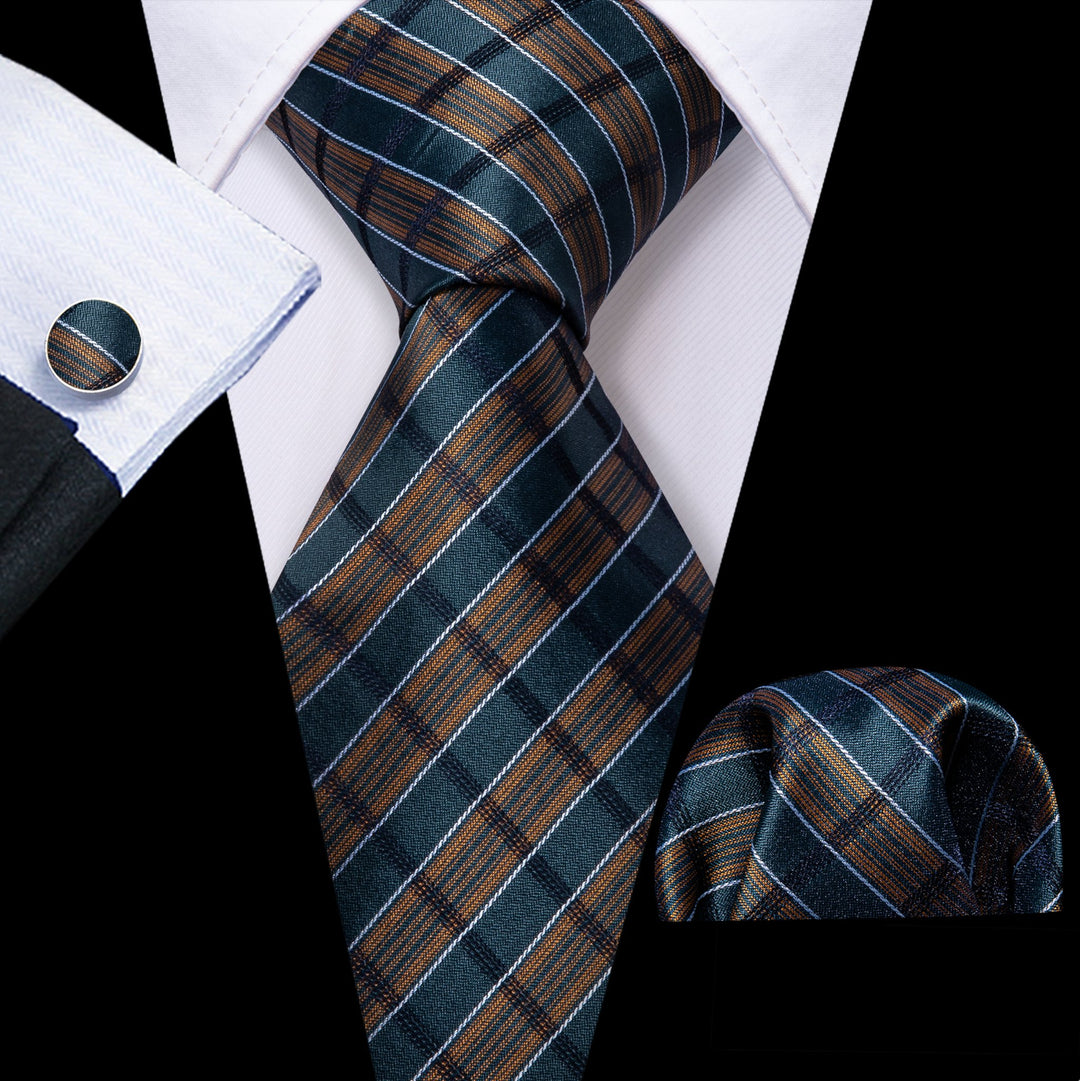 Brown Green Striped Men's Tie Pocket Square Cufflinks Set - N - 5737 - SimonVon Shop
