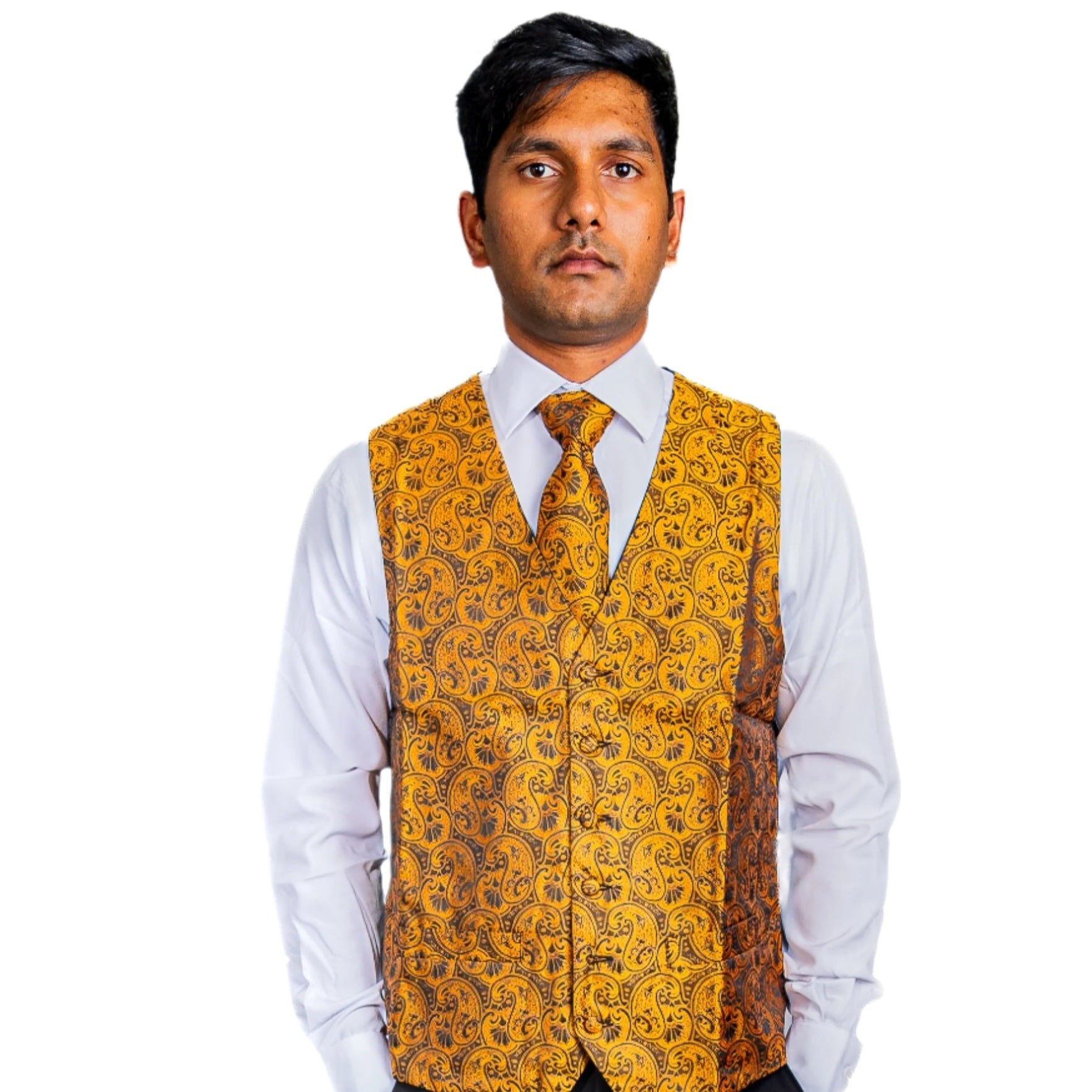 Brown Paisley Silk Men's Vest Hanky Cufflinks Tie Set Waistcoat Suit Set- MJ-0039 - SimonVon Shop