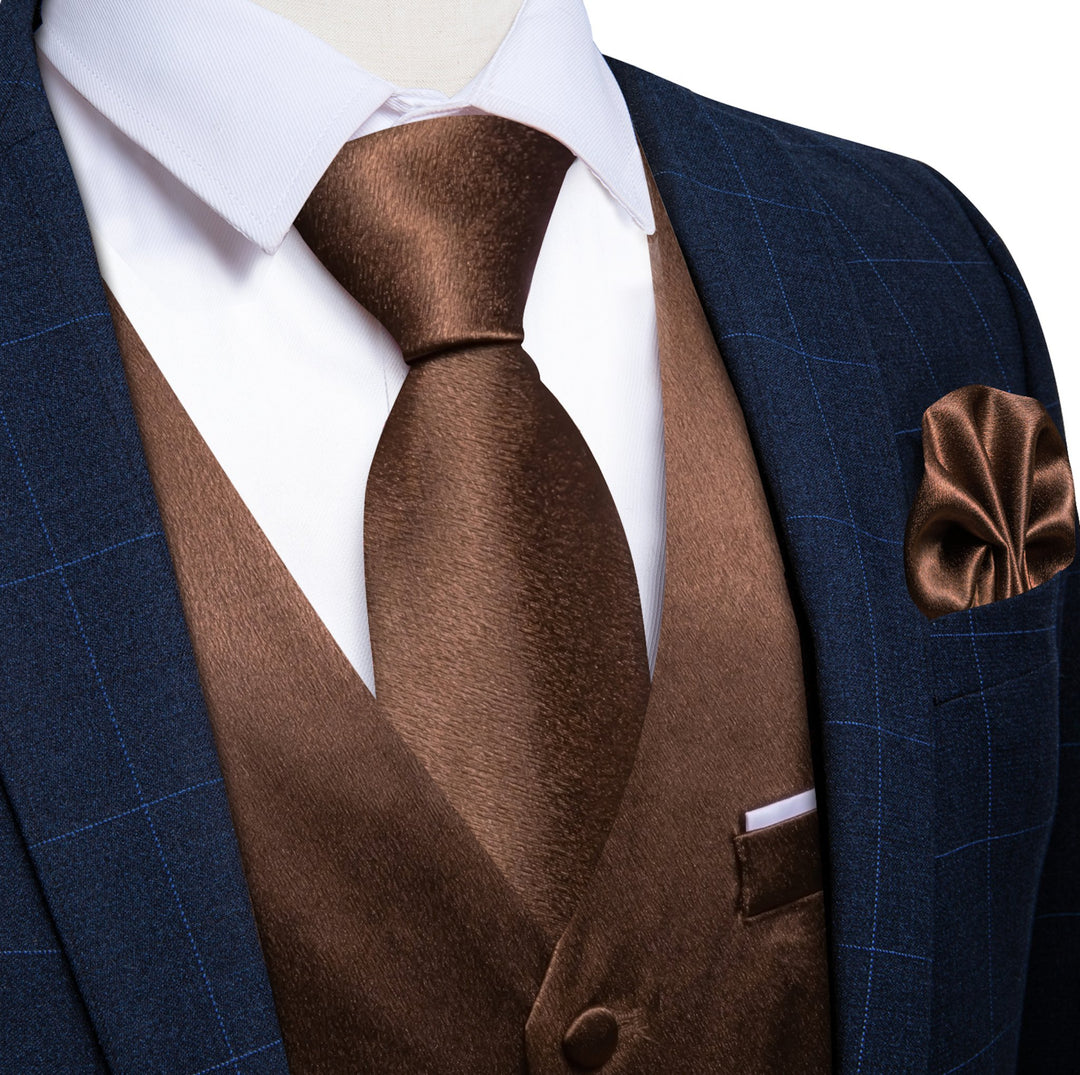 Brown Solid Satin Waistcoat Vest Tie Handkerchief Cufflinks Set - MJ - 0653 - SimonVon Shop