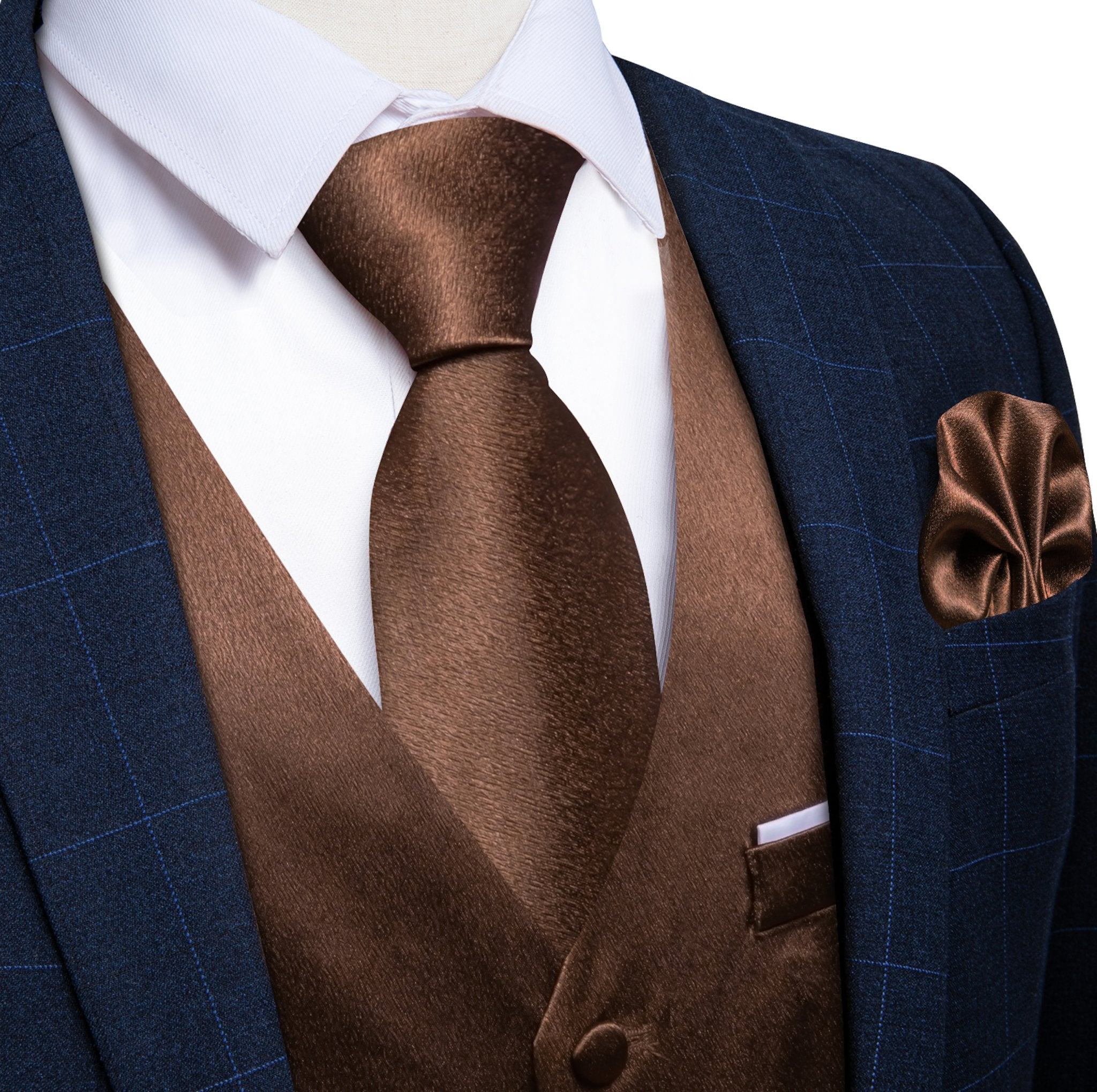 Brown Solid Satin Waistcoat Vest Tie Handkerchief Cufflinks Set- MJ-0653 - SimonVon Shop