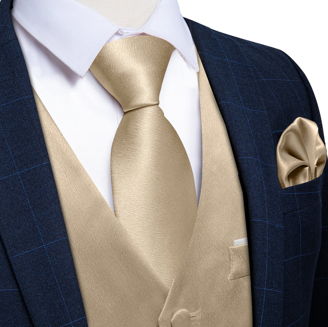 Champagne Solid Satin Waistcoat Vest Tie Handkerchief Cufflinks Set - MJ - 0652 - SimonVon Shop