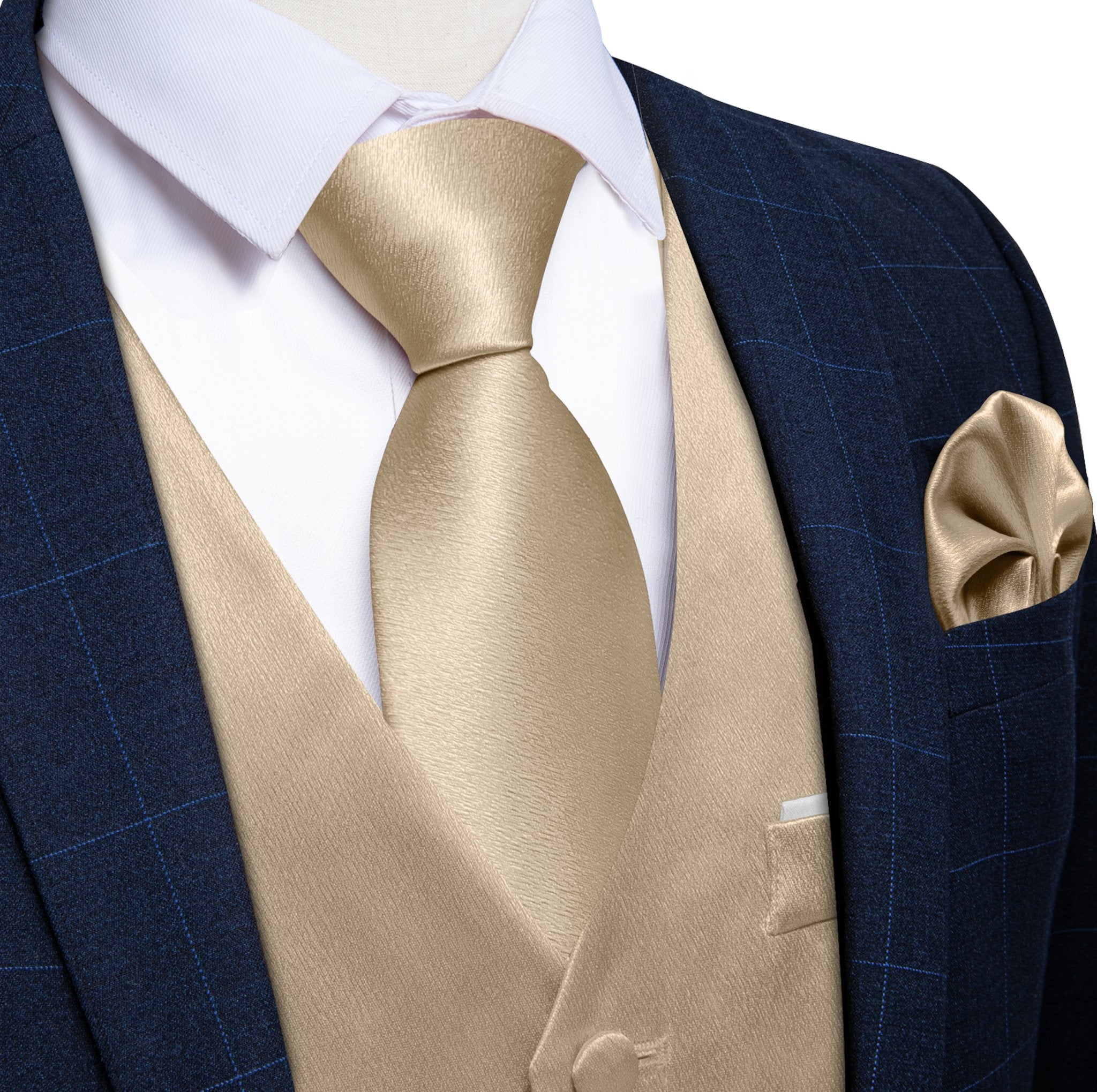 Champagne Solid Satin Waistcoat Vest Tie Handkerchief Cufflinks Set- MJ-0652 - SimonVon Shop