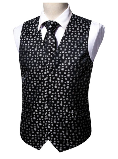 Christmas Men's Black White Snowflake Silk Tie Hanky Cufflinks Waistcoat Vest Set - MJ - 2558 - SimonVon Shop