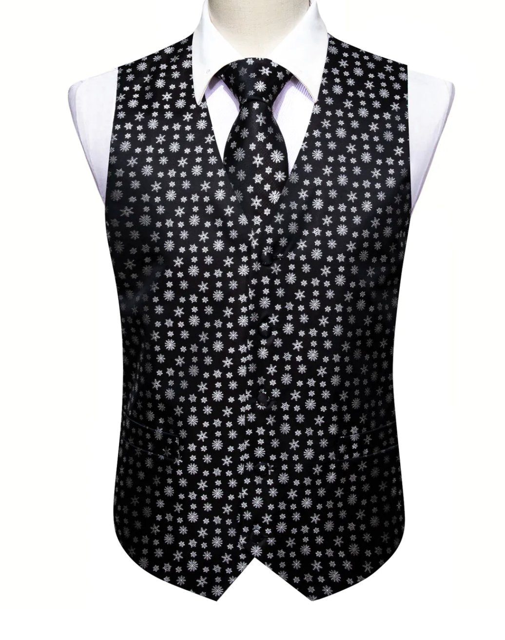 Christmas Men's Black White Snowflake Silk Tie Hanky Cufflinks Waistcoat Vest Set - MJ - 2558 - SimonVon Shop