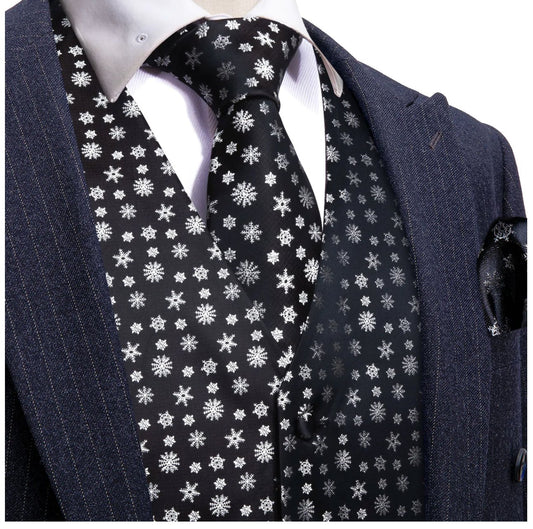 Christmas Men's Black White Snowflake Silk Tie Hanky Cufflinks Waistcoat Vest Set - MJ - 2558 - SimonVon Shop