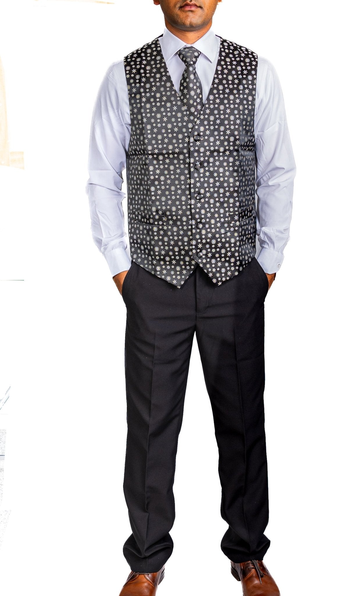 Christmas Men's Black White Snowflake Silk Tie Hanky Cufflinks Waistcoat Vest Set-MJ-2558 - SimonVon Shop