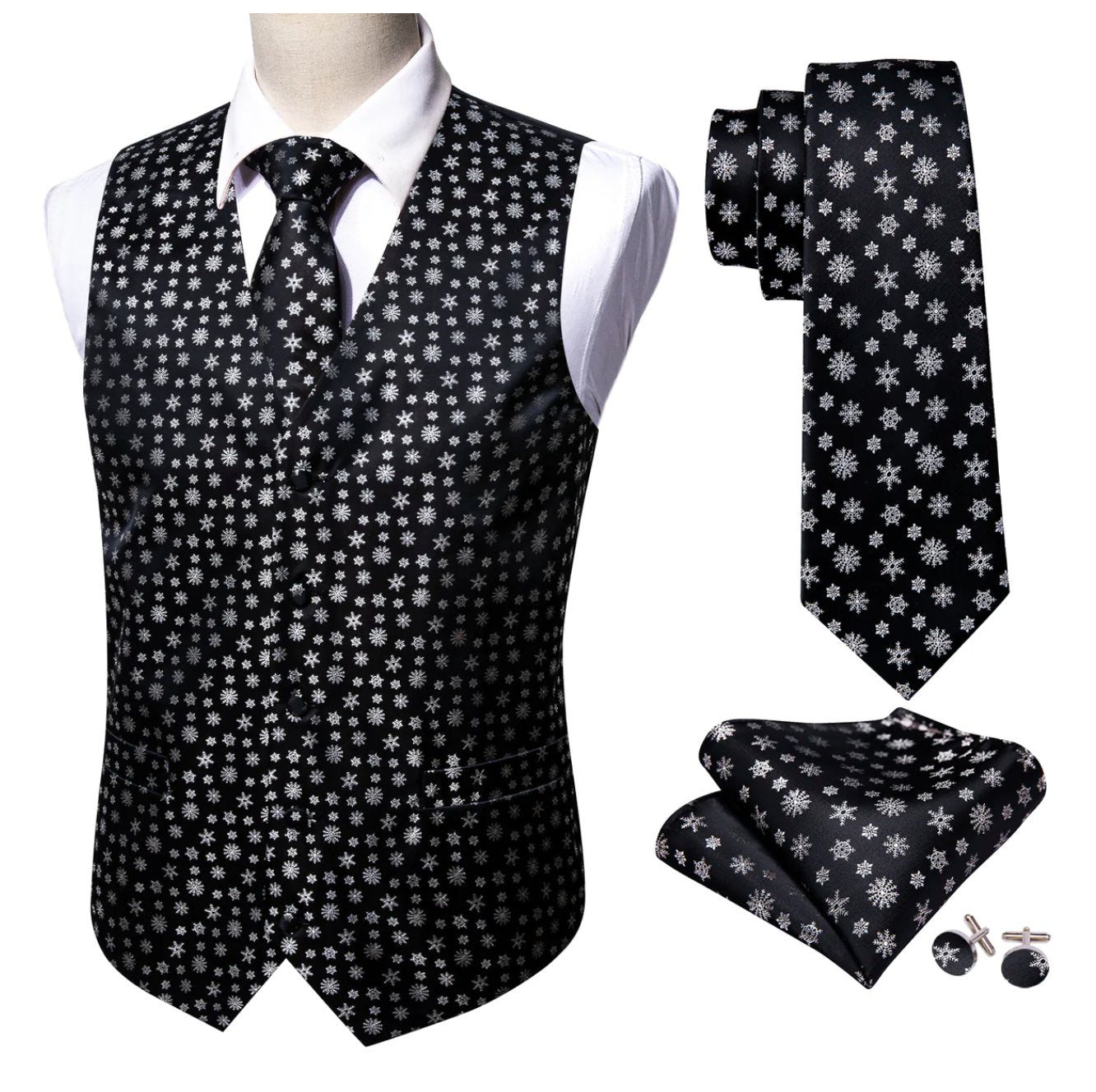 Christmas Men's Black White Snowflake Silk Tie Hanky Cufflinks Waistcoat Vest Set - MJ - 2558 - SimonVon Shop